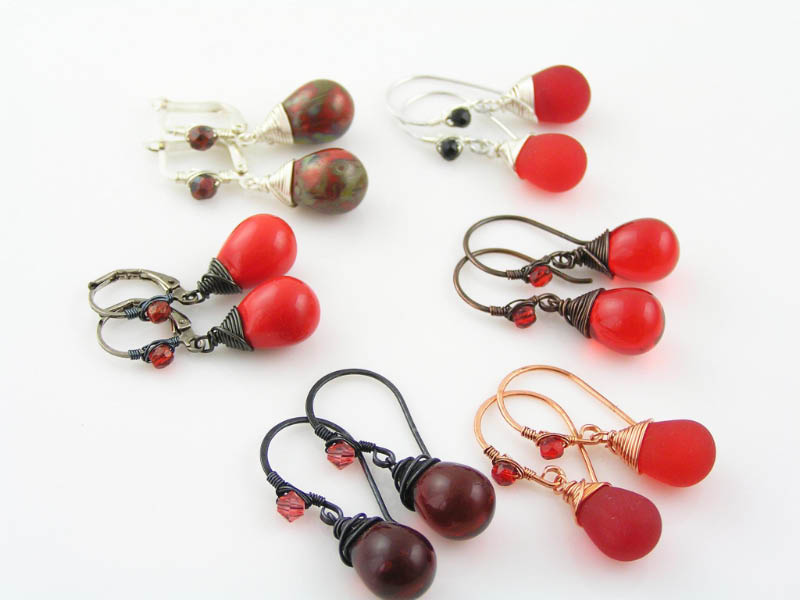 Wire wrapped short red earrings