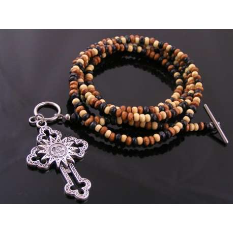 Ornate Cross on Wooden Bead Body Necklace