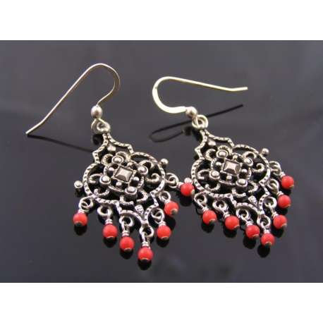 Ornate Chandelier Earrings with Coral