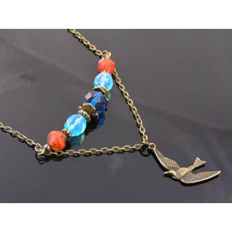 Bird Charm Necklace with Czech Glass Beads