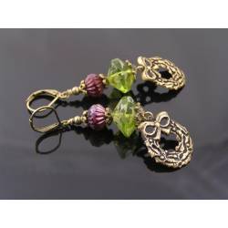 Green and Red Czech Beads Earrings with Wreath Charms