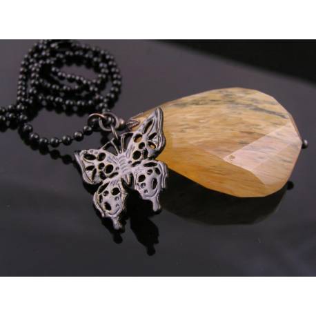 Huge Brown Quartz Drop Necklace with Black Butterfly 