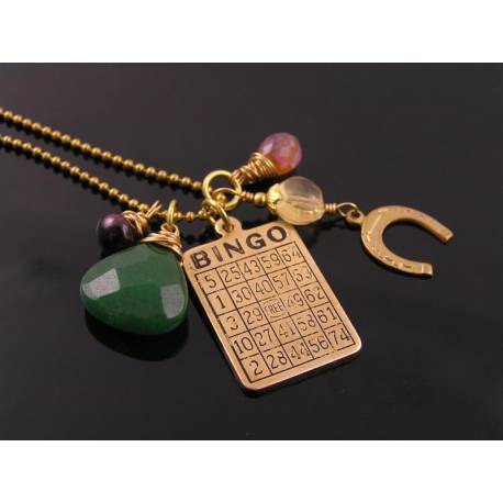 Good Luck Necklace with Bingo Charm, Aventurine, Tourmaline, Citrine and Garnet, Gambling Necklace