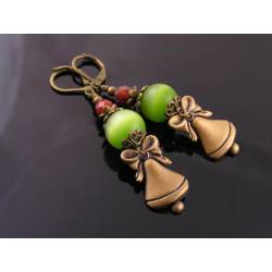 Green Cats Eye Earrings with Bell Charms, Christmas Earrings