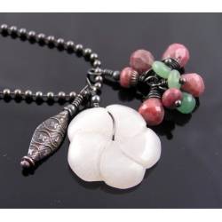 Carved White Agate Flower Necklace with Rhodonite and Green Aventurine 