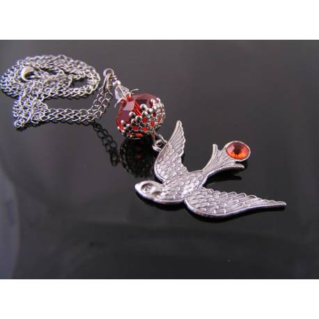 Bird Necklace with Red Crystal