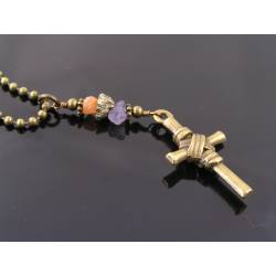Wrapped Cross Necklace with Mandarin Garnet, Iolite and Pyrite Nugget
