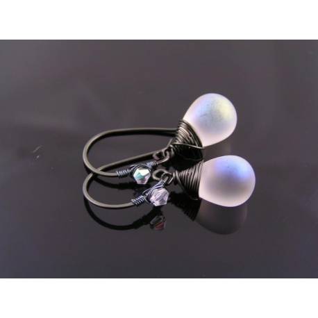 Matte White Czech Glass Teardrop Earrings