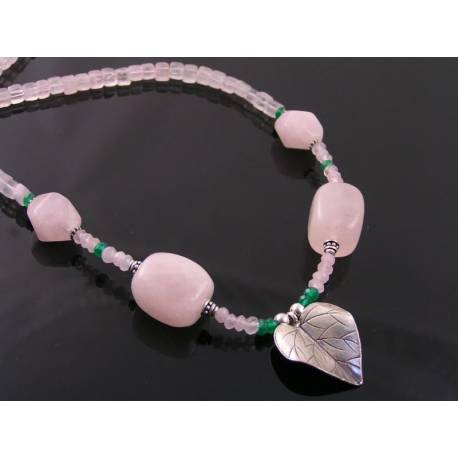 Rose Quartz Necklace with Green Aventurine and Leaf Pendant, Sterling Silver