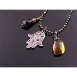 Hamsa Hand Protection Necklace with Citrine and Black Onyx