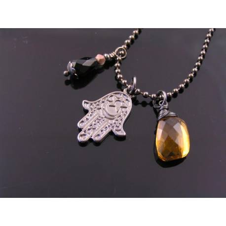 Hamsa Hand Protection Necklace with Citrine and Black Onyx