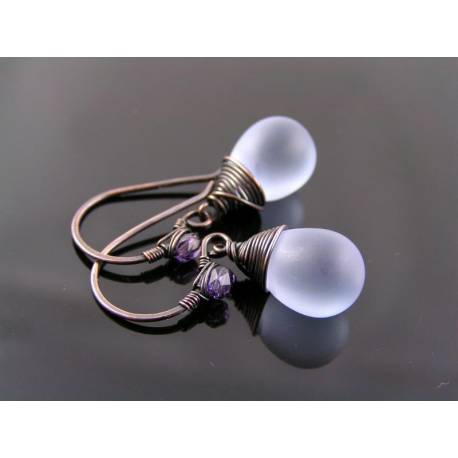 Matte Purple Czech Glass Teardrop Earrings