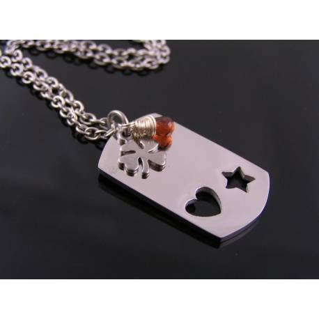 Dog Tag Necklace with Initials, Garnet and Good Luck Charm