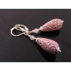 Vintage German Acrylic Drop Earrings, Rose and Silver