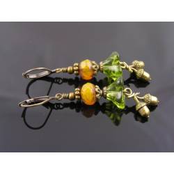 Acorn Charm Earrings, Czech Flower Beads, Octoberfest