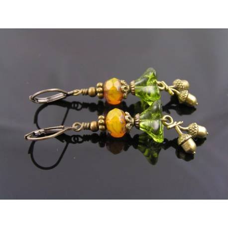 Bohemian Acorn Charm Earrings, Czech Flower Earrings