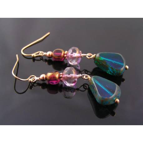 Rose Gold Earrings with Pink and Teal Czech Glass Beads