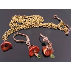 Peridot and Copper Czech Flower Earrings and Necklace