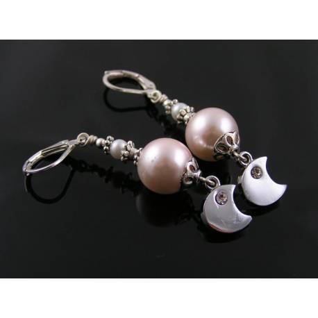Pearl Earrings with Crescent Moon Charms