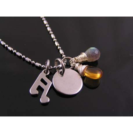 Initial Necklace with Citrine and Labradorite, Musical Charm