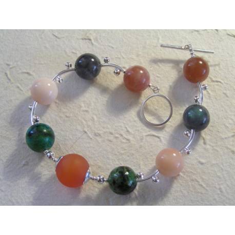 Sunstone, Opal, Chrysocolla and Carnelian Solid Sterling Silver Bracelet, Classic Gemstone Bracelet, Handmade Sterling Bracelet