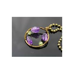 Amethyst and Peridot, Wire Wrapped Gemstone Circle Pendant Necklace