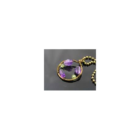 Amethyst and Peridot, Wire Wrapped Gemstone Circle Pendant Necklace