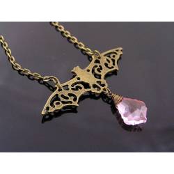 Filigree Bat Necklace with Faceted Pink Drop