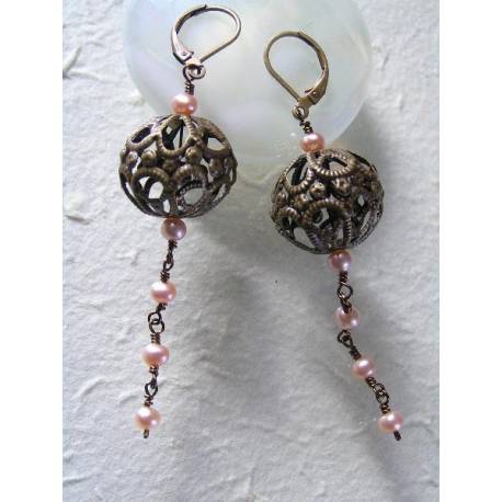 Filigree Ball Earrings with Pink Freshwater Pearls