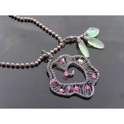 Wire Wrapped Pink Crystal Rose Necklace
