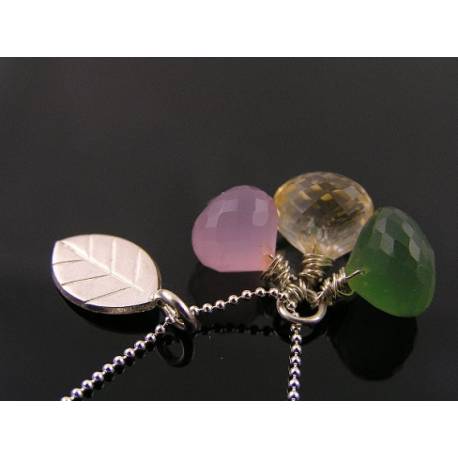 Leaf Necklace with Russian Serpentine, Pink Chalcedony and Citrine 
