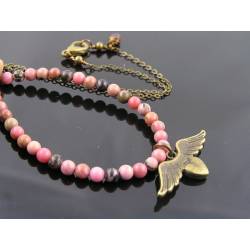 Natural Pink Rhodonite and Angel Wing Charm Necklace