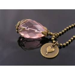 Heart Charm and Large Champagne Pink Faceted Drop Necklace