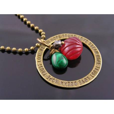 Carved Chalcedony, Malachite Drop and Jasper Star Inspirational Necklace