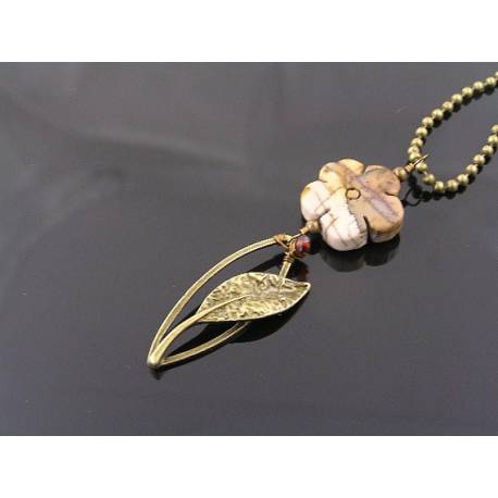 Picasso Jasper Carved Flower and Leaf Charm Necklace