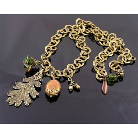 Forest Charm Necklace, Large Chain with Oak Leaf Charm, Czech Glass Beads