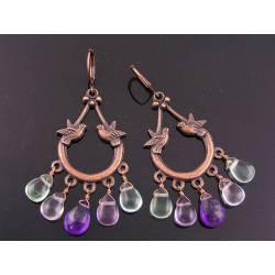 Fluorite and Amethyst Romantic Dove Chandelier Earrings