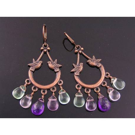 Fluorite and Amethyst Romantic Dove Chandelier Earrings