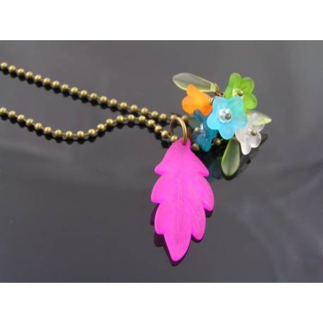 Luscious Lucite Flowers and Pink Leaf on Oxidized Ball Chain