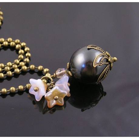 Dark Gray Colored Shell Pearl with Cream Flower Charm