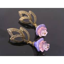 Leaf Ear Studs with Purple Flowers