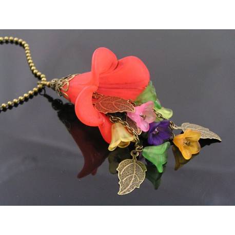 Large Bright Red Lucite Flower and Leaves Necklace