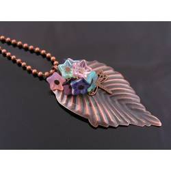 Woodland Necklace with large Leaf, Czech Flowers and Dragonfly Charm