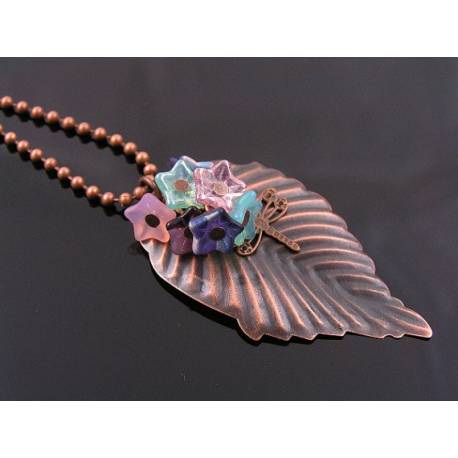 Woodland Necklace with large Leaf, Czech Flowers and Dragonfly Charm