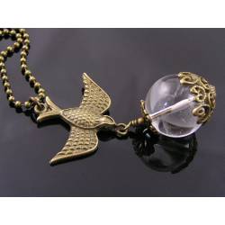 Bird Necklace with Large Rock Quartz Crystal Ball