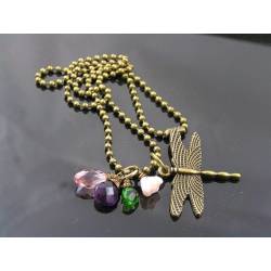 Dragonfly Charm Necklace, Amethyst, Crystal and Czech Flower Beads