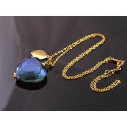 Heart Necklace, Large Blue Crystal and Gold Leaf Necklace