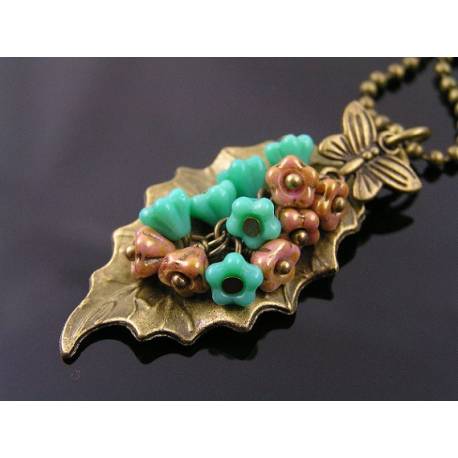 Turquoise and Pink Flowers with Leaf Pendant Necklace