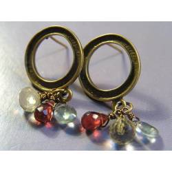 Circle Stud Earrings with Aquamarine, Garnet and Lemon Quartz