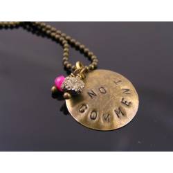 'No Comment' Hand Stamped Necklace with Pyrite and Ruby